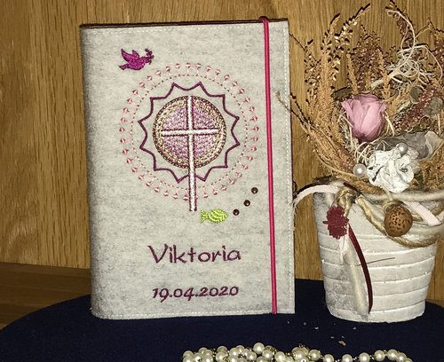 Gotteslob Einband * Modell Viktoria * Wollfilz hellgrau * Bestickung beere/rosé * Strass