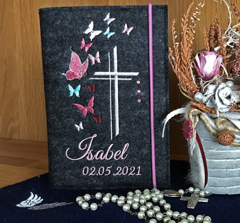 Gotteslob Einband * Modell Isabel * Wollfilz anthrazit * Bestickung Schmetterlinge *